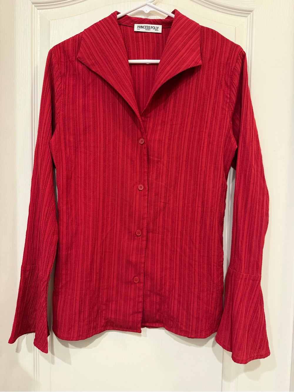 Princess Polly US 2 Red Textured Button Front Blouse Flare Sleeve Collar
